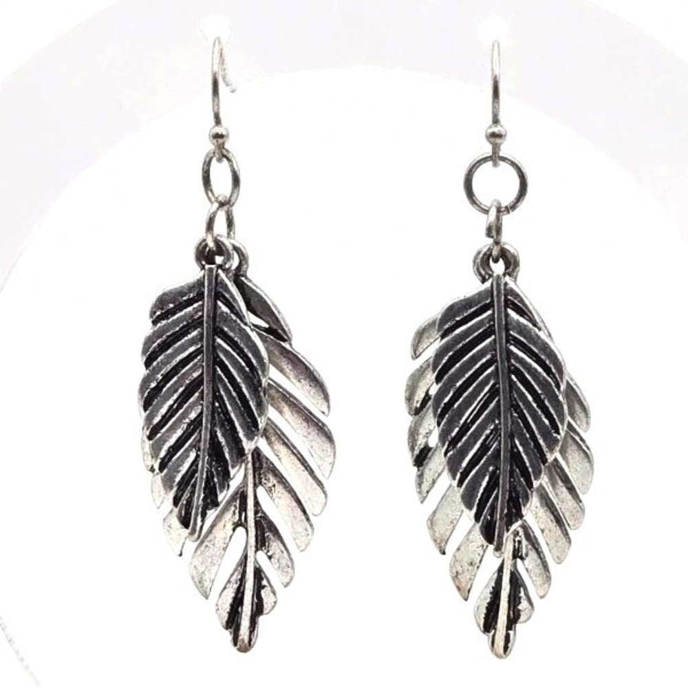 Silver Tone Double Layered Leaf Hook Dangle Drop‎ Textured Earrings